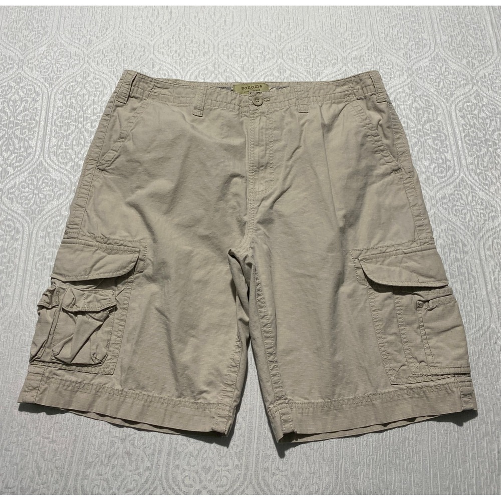 Sonoma Life + Style Mens 38 Khaki Tan Ripstop Cotton Multi Pocket Cargo Shorts